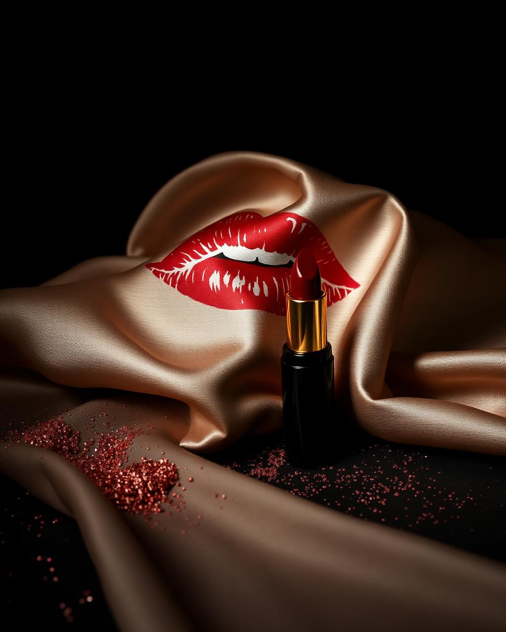 Red lipstick kiss print on champagne silk
