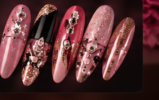 Set of hand-designed custom nails in pink and rose gold with crystal detailing