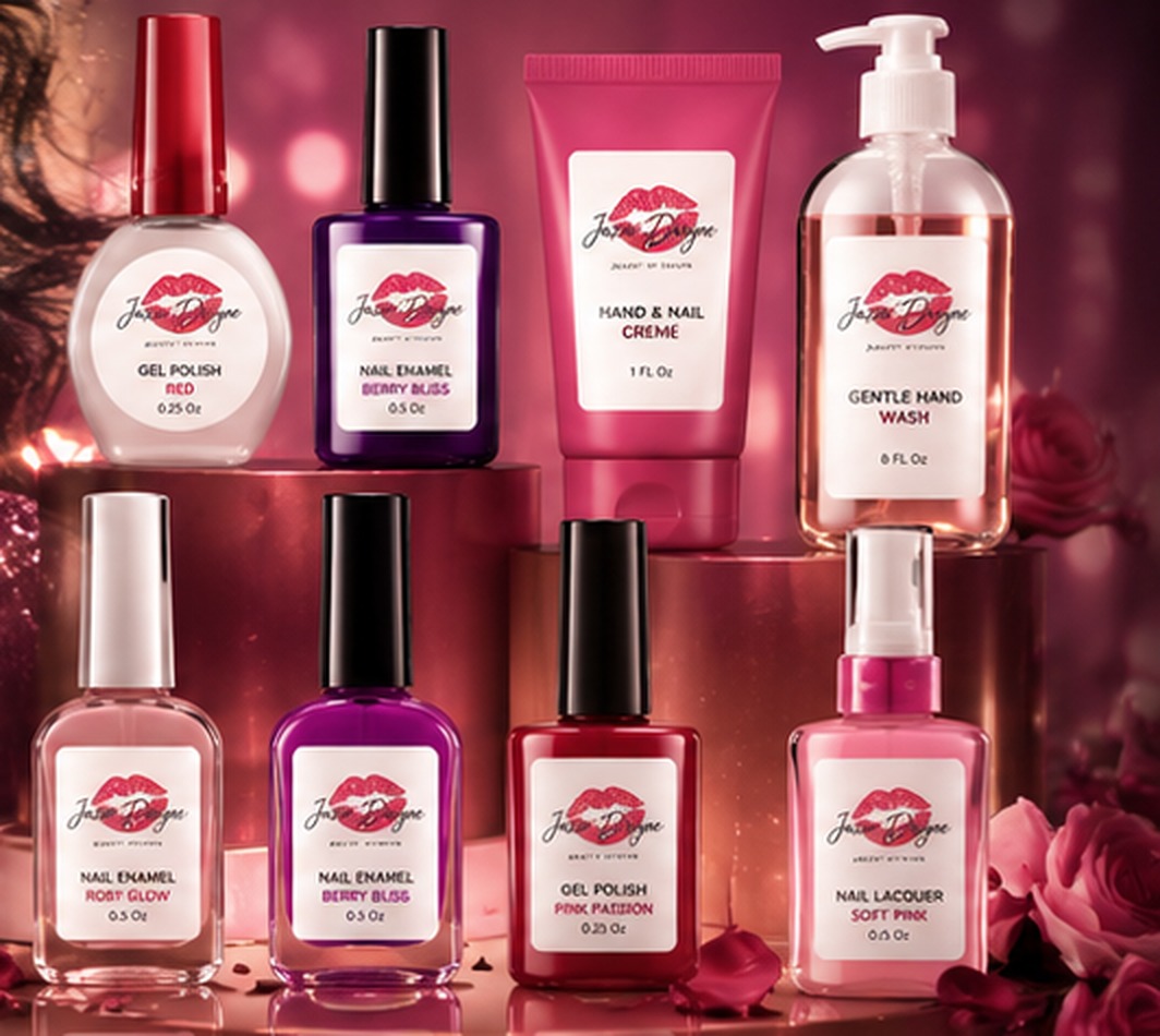 The Jazze' Divyne Beauty by Design collection of nail polishes, hand crème and hand wash displayed on pedestals